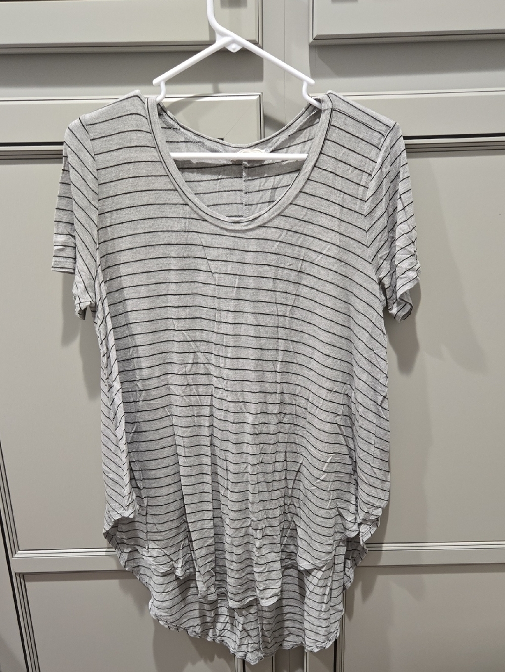 Lush Light Gray and Black Striped Short Sleeve Scoop Neck Tee